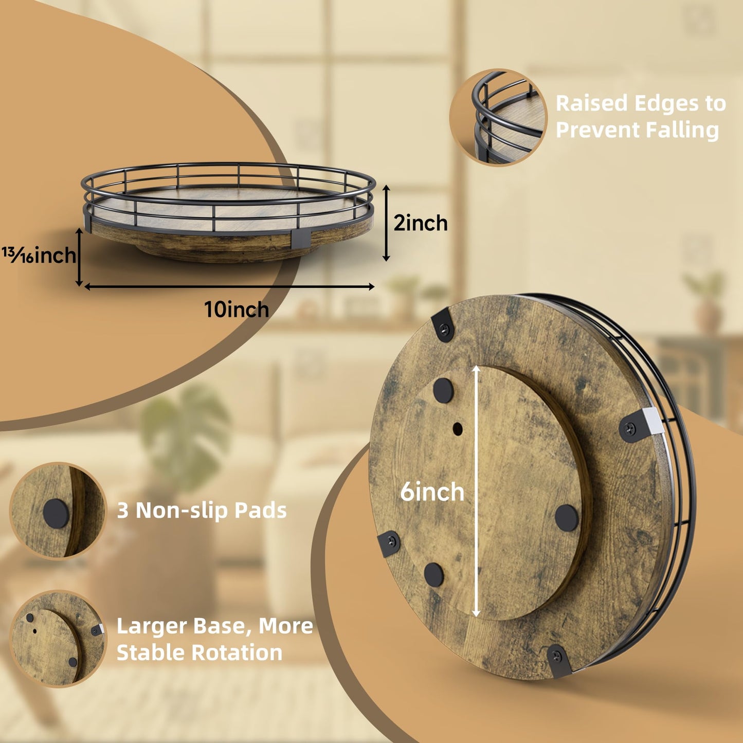 Lazy Susan Turntable Organizer for Table Top, 12’’ Round Wooden Lazy Susan for Cabinet Kitchen Countertop Pantry Dining Coffee Table for Condiments Spices, Rustic Bathroom Vanity Tray for Soap Candle