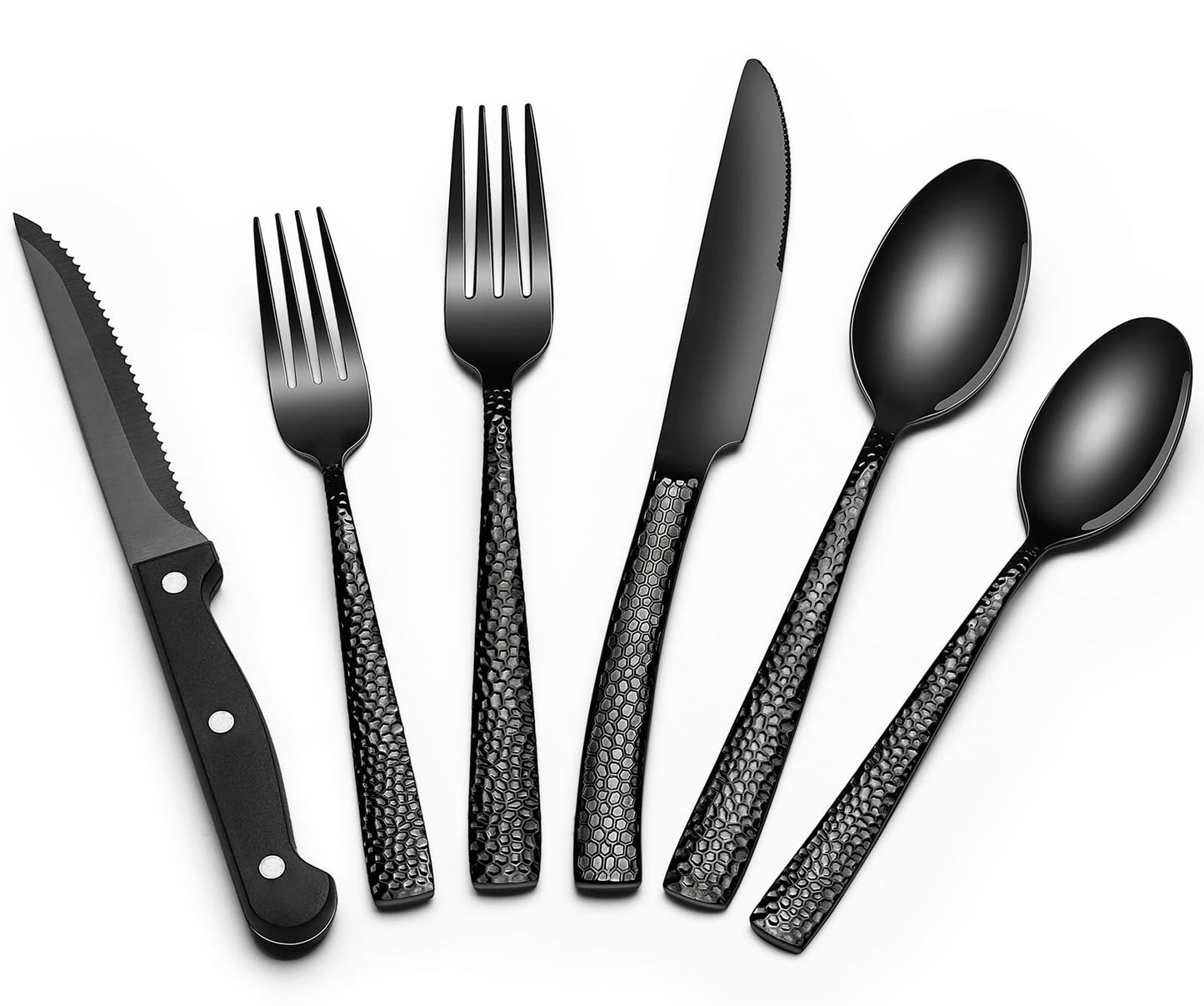 24-Piece Black Silverware Set with Steak Knives, Black Flatware Set for 4, Food-Grade Stainless Steel Tableware Cutlery Set, Mirror Finished Utensil Sets for Home Restaurant