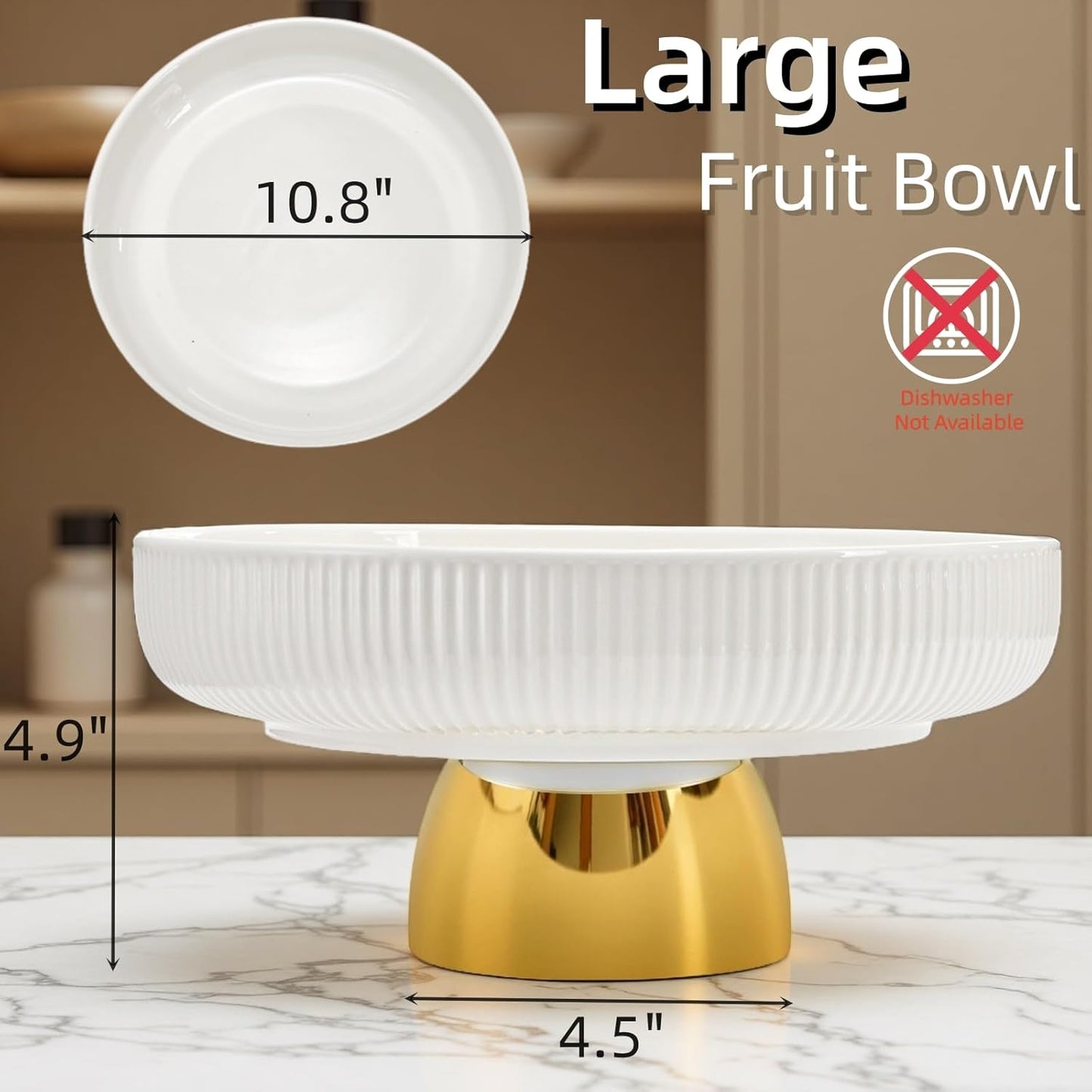 Large Ceramic Fruit Bowl, 10.8 Inch Decorative Pedestal Bowl, Modern Footed Serving Bowls for Kitchen Counter, Fruit & Vegetable Holder Storage for Entryway, Key, Bread, Home Decor, White