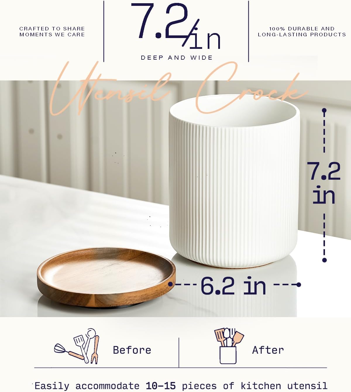 getstar 360° Rotating Large Kitchen Utensil Holder, Ceramic Cooking Utensil Holder for Kitchen Counter with Rotatable and Detachable Wooden Base (White)