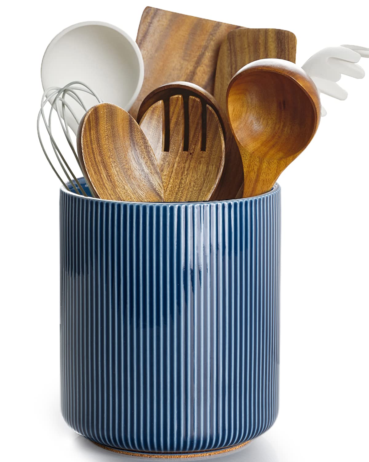 getstar 360° Rotating Large Kitchen Utensil Holder, Ceramic Cooking Utensil Holder for Kitchen Counter with Rotatable and Detachable Wooden Base (White)