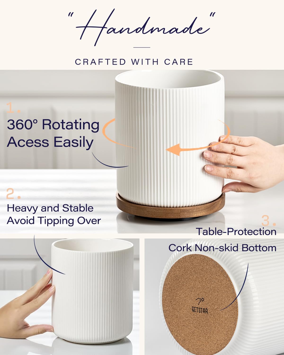 getstar 360° Rotating Large Kitchen Utensil Holder, Ceramic Cooking Utensil Holder for Kitchen Counter with Rotatable and Detachable Wooden Base (White)