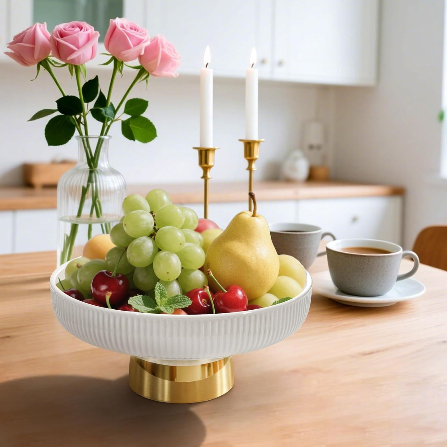 Large Ceramic Fruit Bowl, 10.8 Inch Decorative Pedestal Bowl, Modern Footed Serving Bowls for Kitchen Counter, Fruit & Vegetable Holder Storage for Entryway, Key, Bread, Home Decor, White