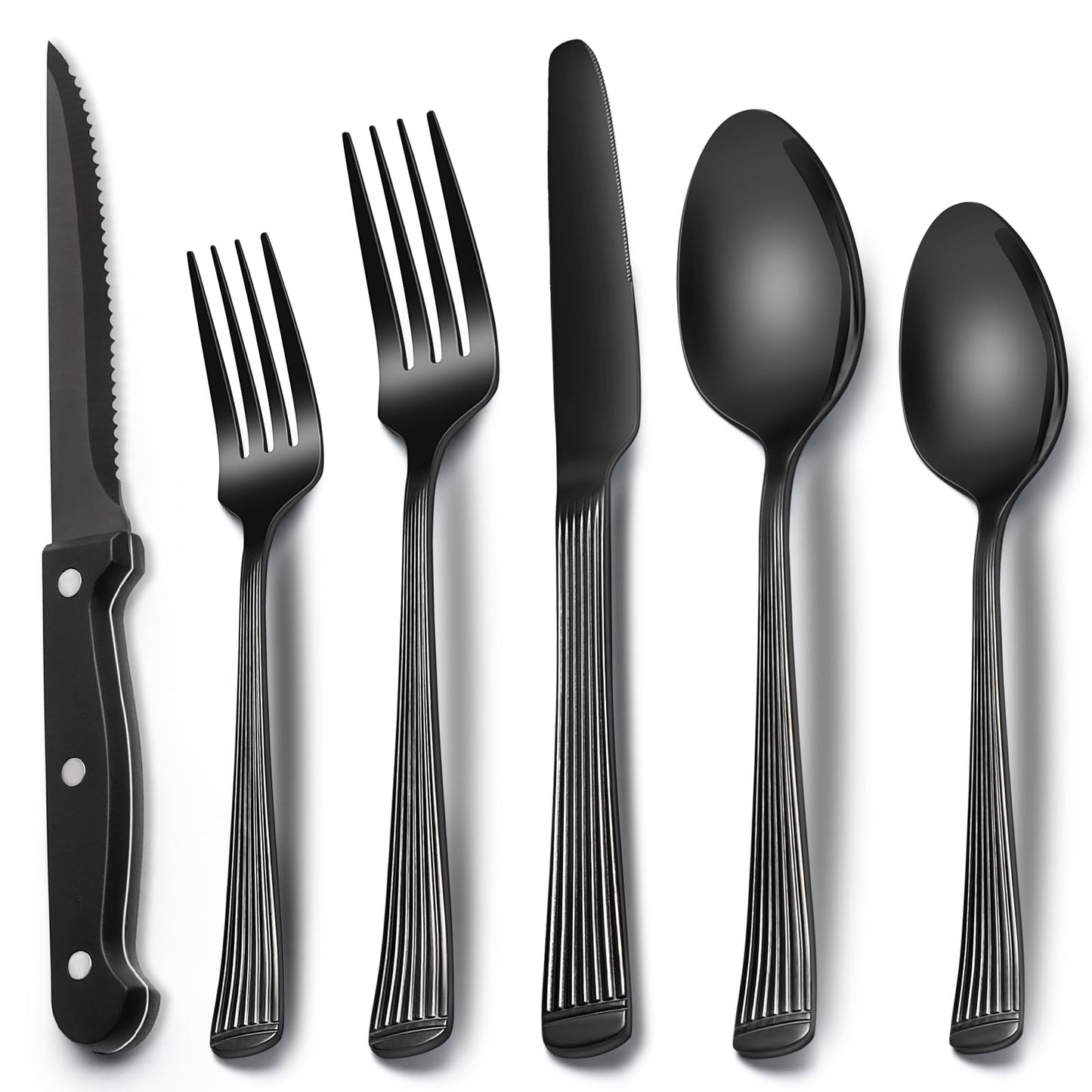24-Piece Black Silverware Set with Steak Knives, Black Flatware Set for 4, Food-Grade Stainless Steel Tableware Cutlery Set, Mirror Finished Utensil Sets for Home Restaurant