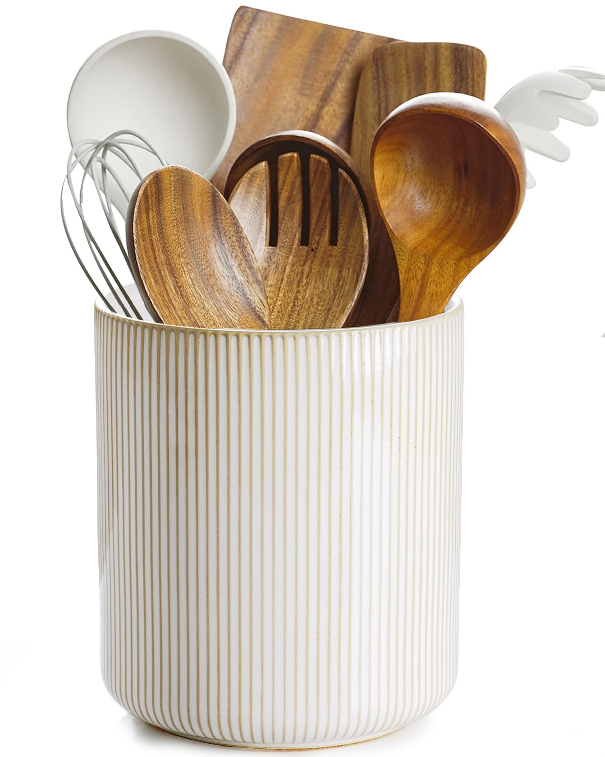 getstar 360° Rotating Large Kitchen Utensil Holder, Ceramic Cooking Utensil Holder for Kitchen Counter with Rotatable and Detachable Wooden Base (White)