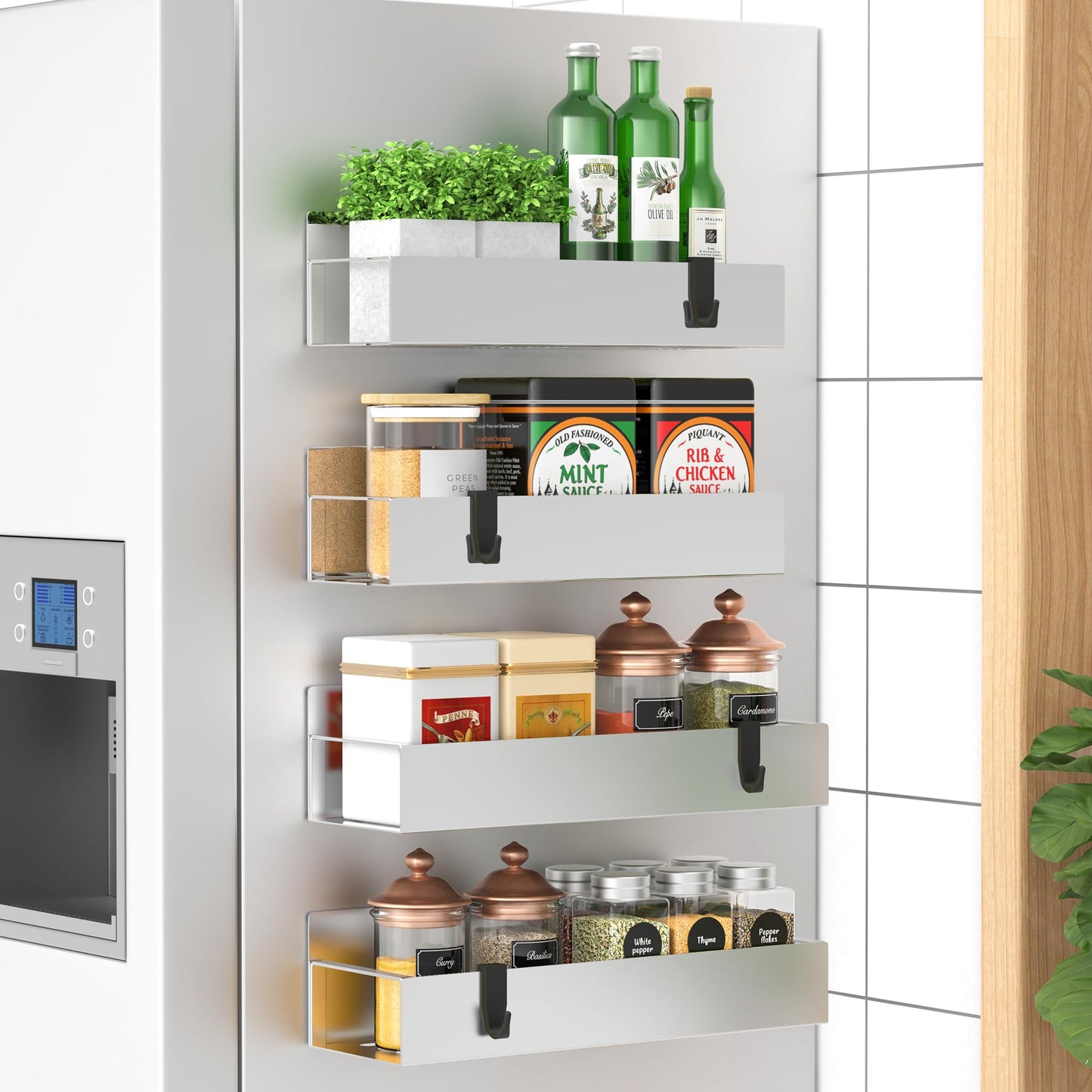 Metal 4 Pack Magnetic Spice Storage Rack Organizer for Refrigerator and Oven, Black Fridge Organizers and Storage