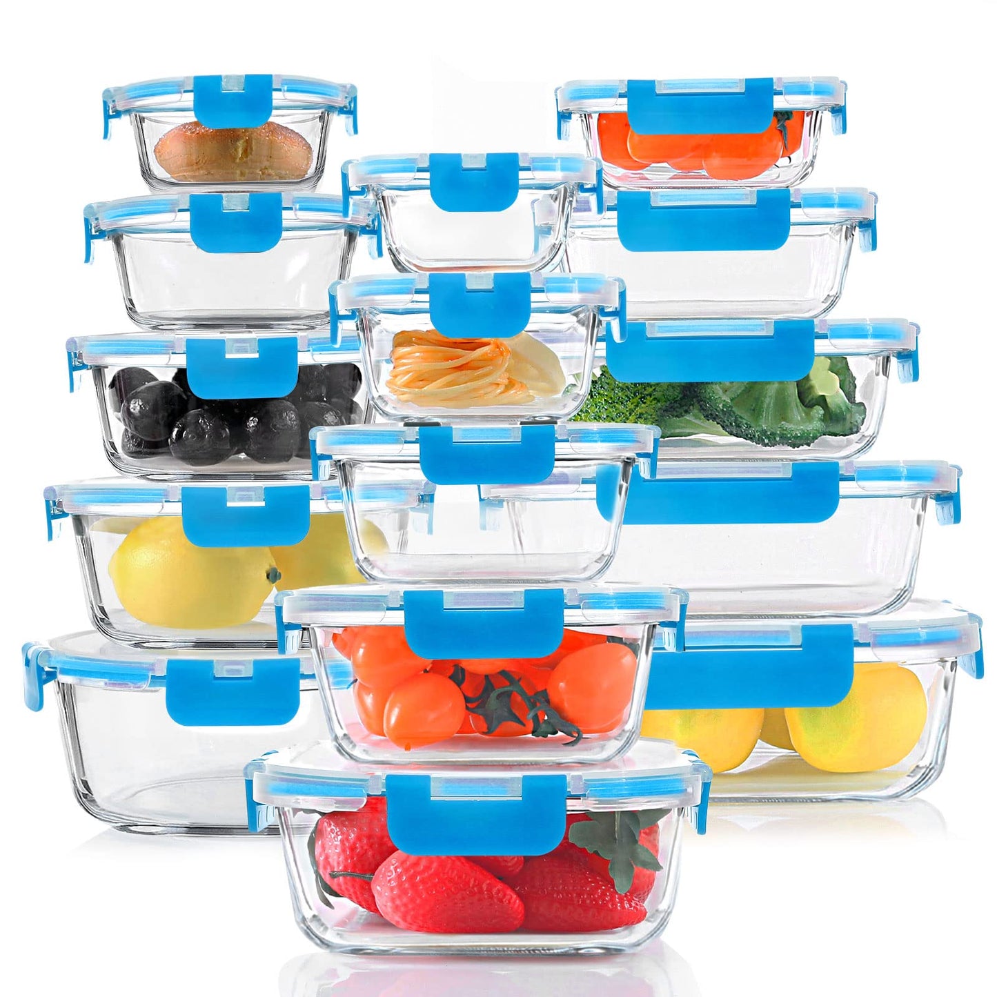 KOMUEE 30 Pieces Glass Food Storage Containers Set, Glass Meal Prep Containers Set with Snap Locking Lids, Airtight lunch Containers for Microwave, Oven, Freezer & Dishwasher,Gray