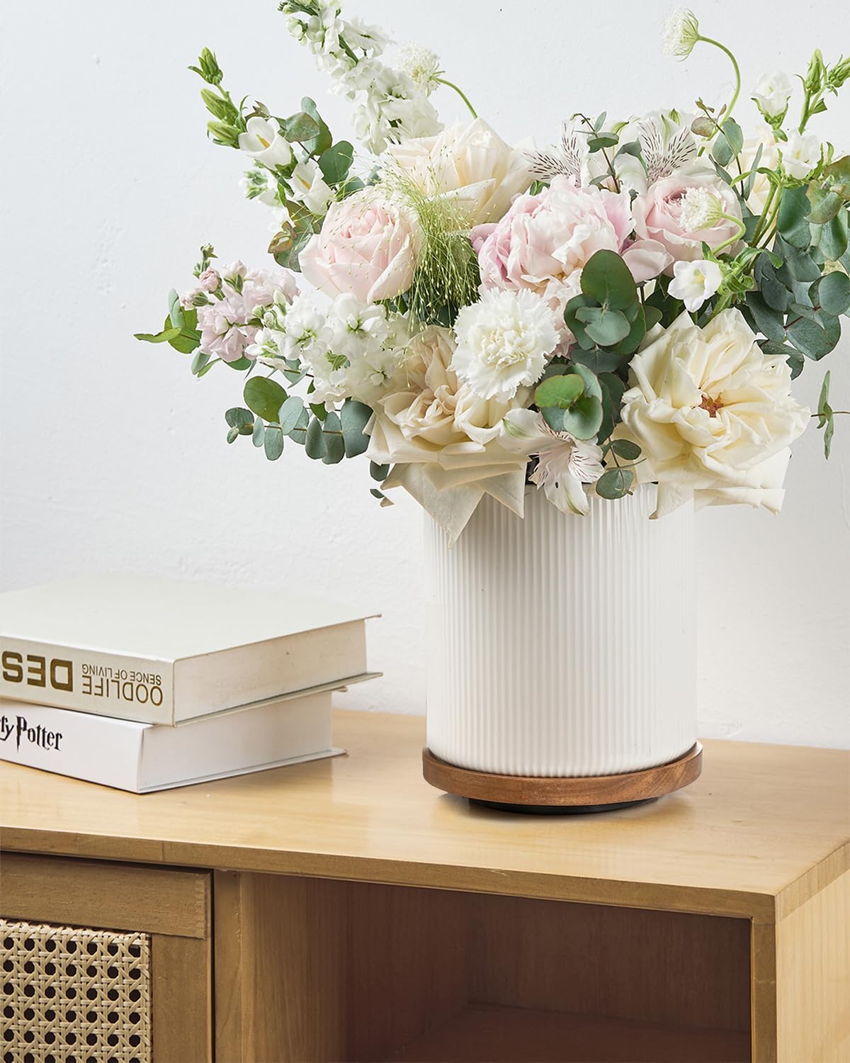 getstar 360° Rotating Large Kitchen Utensil Holder, Ceramic Cooking Utensil Holder for Kitchen Counter with Rotatable and Detachable Wooden Base (White)