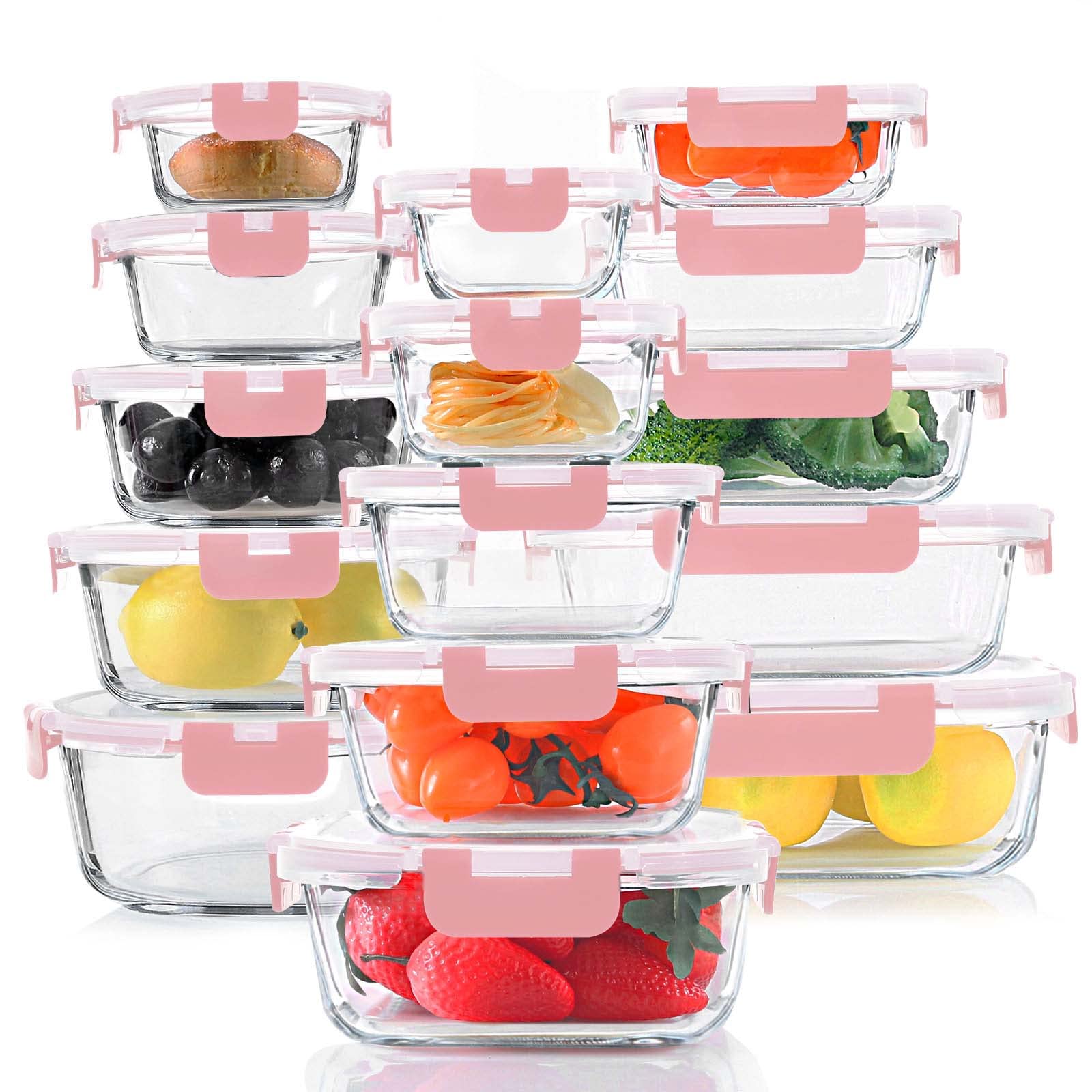 KOMUEE 30 Pieces Glass Food Storage Containers Set, Glass Meal Prep Containers Set with Snap Locking Lids, Airtight lunch Containers for Microwave, Oven, Freezer & Dishwasher,Gray
