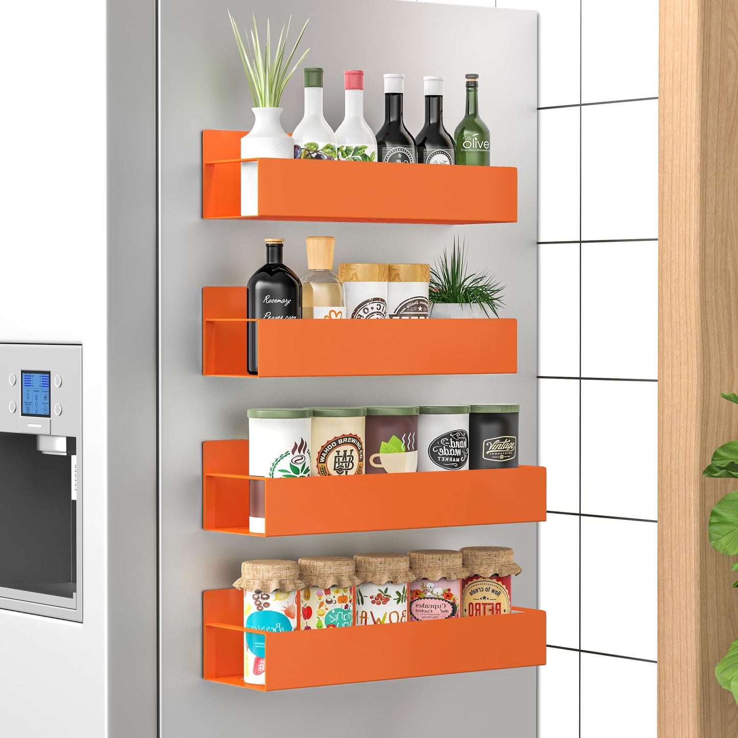 Metal 4 Pack Magnetic Spice Storage Rack Organizer for Refrigerator and Oven, Black Fridge Organizers and Storage