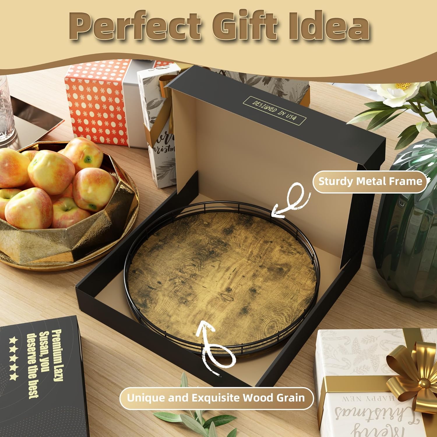 Lazy Susan Turntable Organizer for Table Top, 12’’ Round Wooden Lazy Susan for Cabinet Kitchen Countertop Pantry Dining Coffee Table for Condiments Spices, Rustic Bathroom Vanity Tray for Soap Candle