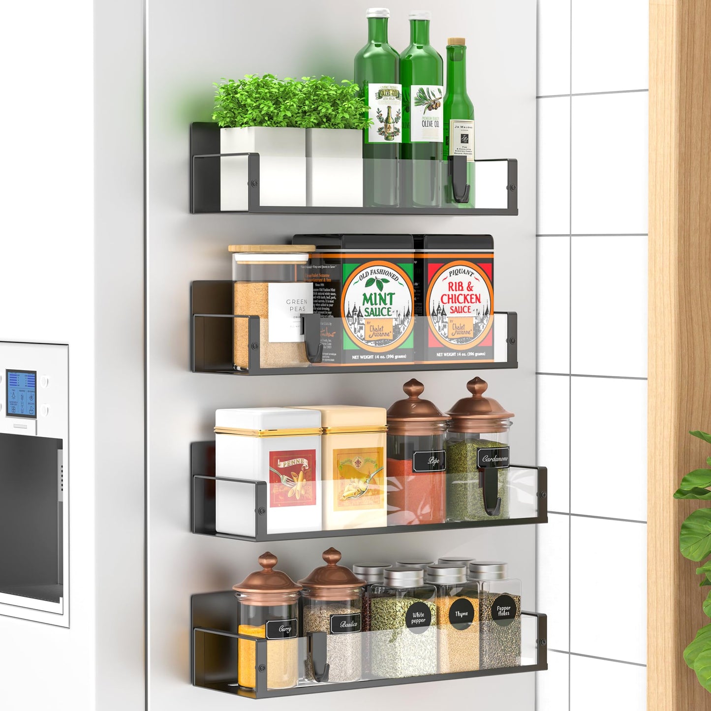 Metal 4 Pack Magnetic Spice Storage Rack Organizer for Refrigerator and Oven, Black Fridge Organizers and Storage