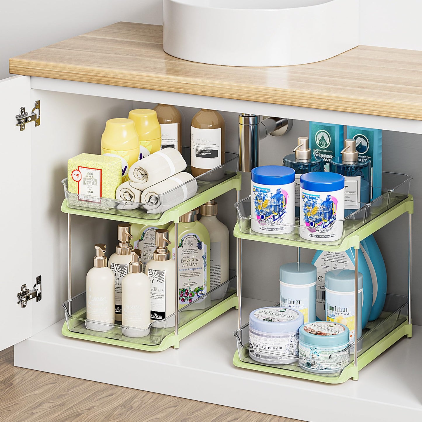 Delamu 2-Tier Multi-Purpose Bathroom Under Sink Organizers and Storage, Stackable Kitchen Pantry Organization, Pull Out Medicine Cabinet Organizer with Movable Dividers, White, 2 Pack