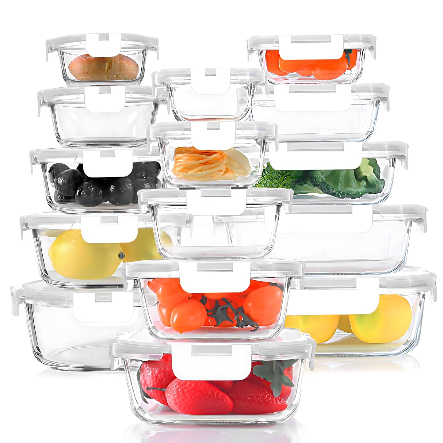 KOMUEE 30 Pieces Glass Food Storage Containers Set, Glass Meal Prep Containers Set with Snap Locking Lids, Airtight lunch Containers for Microwave, Oven, Freezer & Dishwasher,Gray