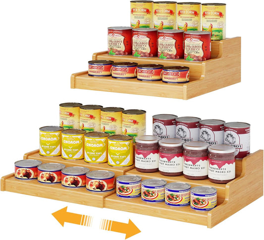Expandable Bamboo Can Rack Organizer for Pantry, 3-Tier Adjustable Can Storage Holder, Soda Organizer Holds Up to 24 Cans, Canned goods Storage Display for Pantry, Cabinet, Countertop (patent pending)