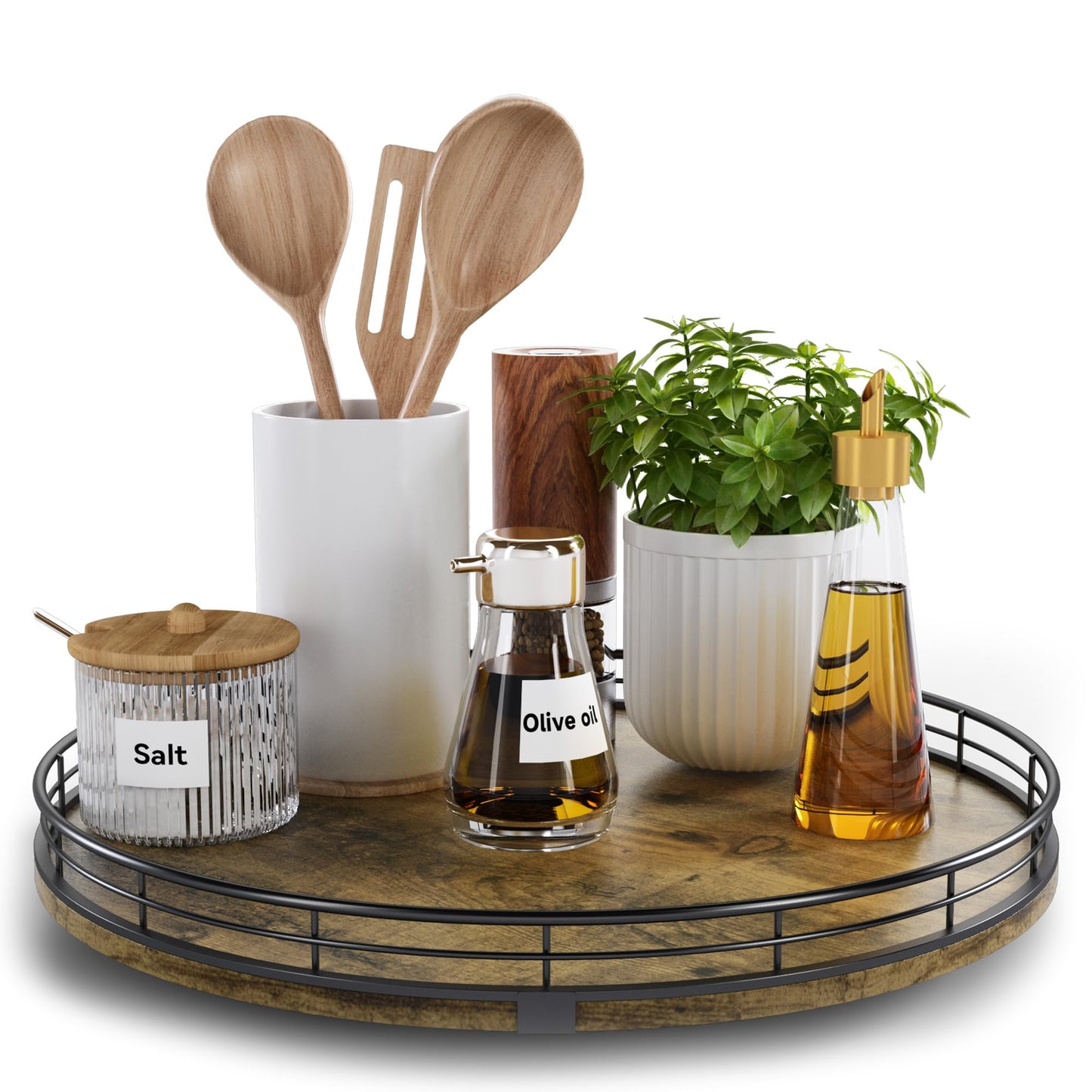 Lazy Susan Turntable Organizer for Table Top, 12’’ Round Wooden Lazy Susan for Cabinet Kitchen Countertop Pantry Dining Coffee Table for Condiments Spices, Rustic Bathroom Vanity Tray for Soap Candle